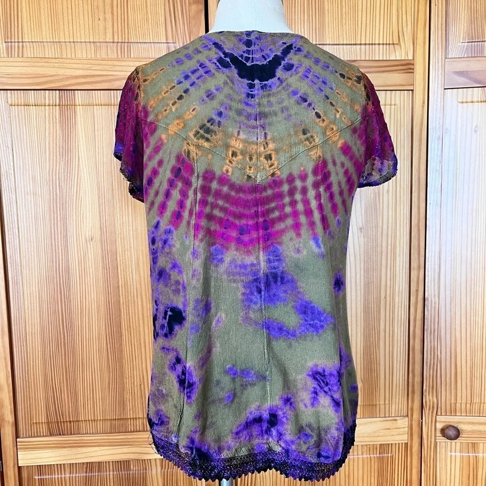 Advance Apparels Medium Vibrant Tie Dye Blouse Crochet Artsy Colorful - Picture 4 of 9
